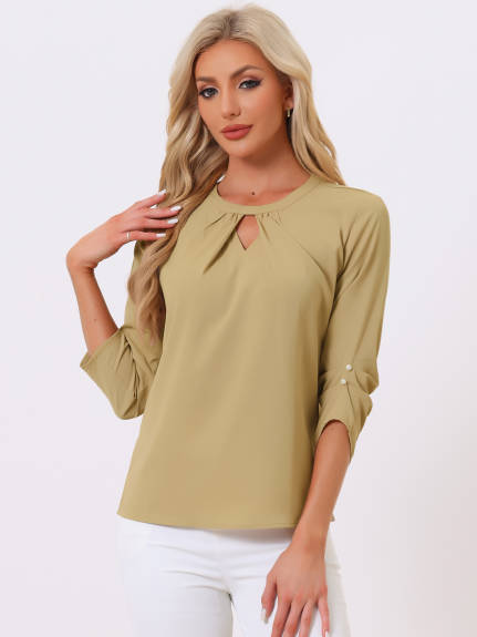 Allegra K- Round Neck Keyhole Pleated Shirred 3/4 Sleeve Top