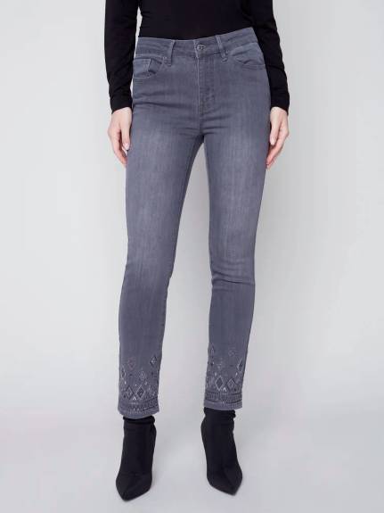 CHARLIE B - Medium Grey Straight Cut Embellished Denim Pant