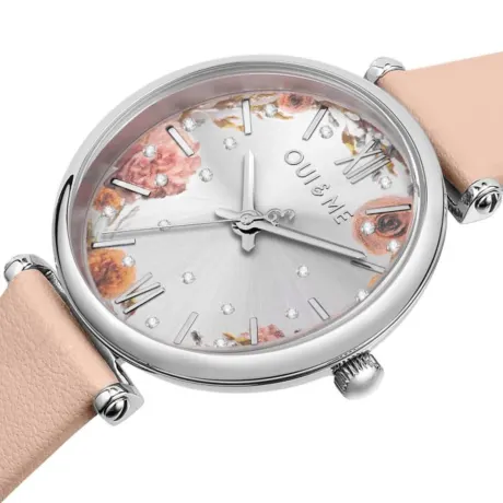 OUI & ME-Etoile Montre à 3 aiguilles 33 mm avec cadran fleuri argenté, boîtier en acier inoxydable et bracelet en cuir recyclé couleur chair