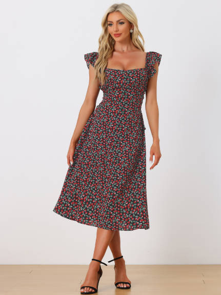 Allegra K - Cherry Print Lace-up Cap Sleeve Midi Dress