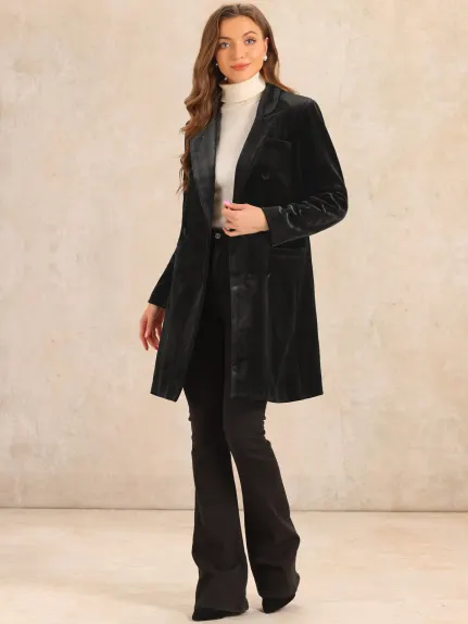 Allegra K - Velvet Double-Breasted Long Winter Coat