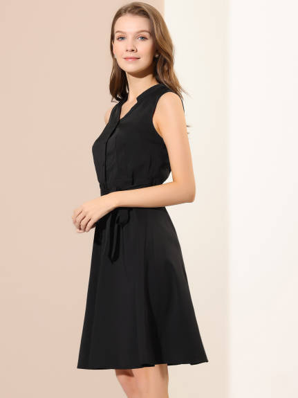 Allegra K- V Neck Button Down Sleeveless Shirtdress with Belted