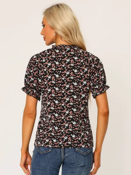 Allegra K- Floral Short Sleeve Ruffle Neck Blouse