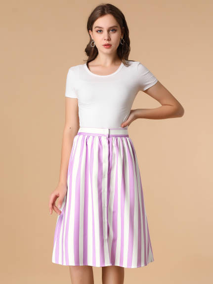 Allegra K - Button A-Line Striped Midi Skirt