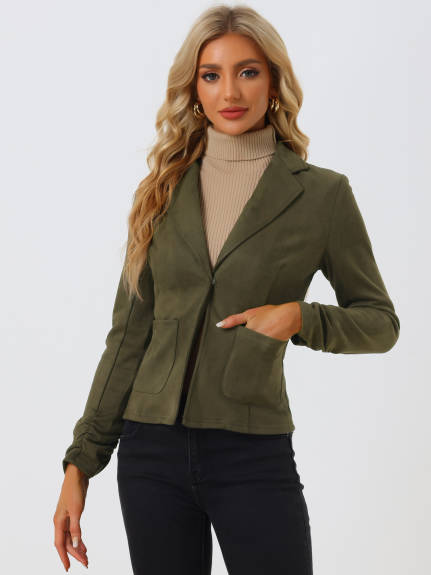 Allegra K- Long Sleeve Open Front Drawstring Faux Suede Blazer