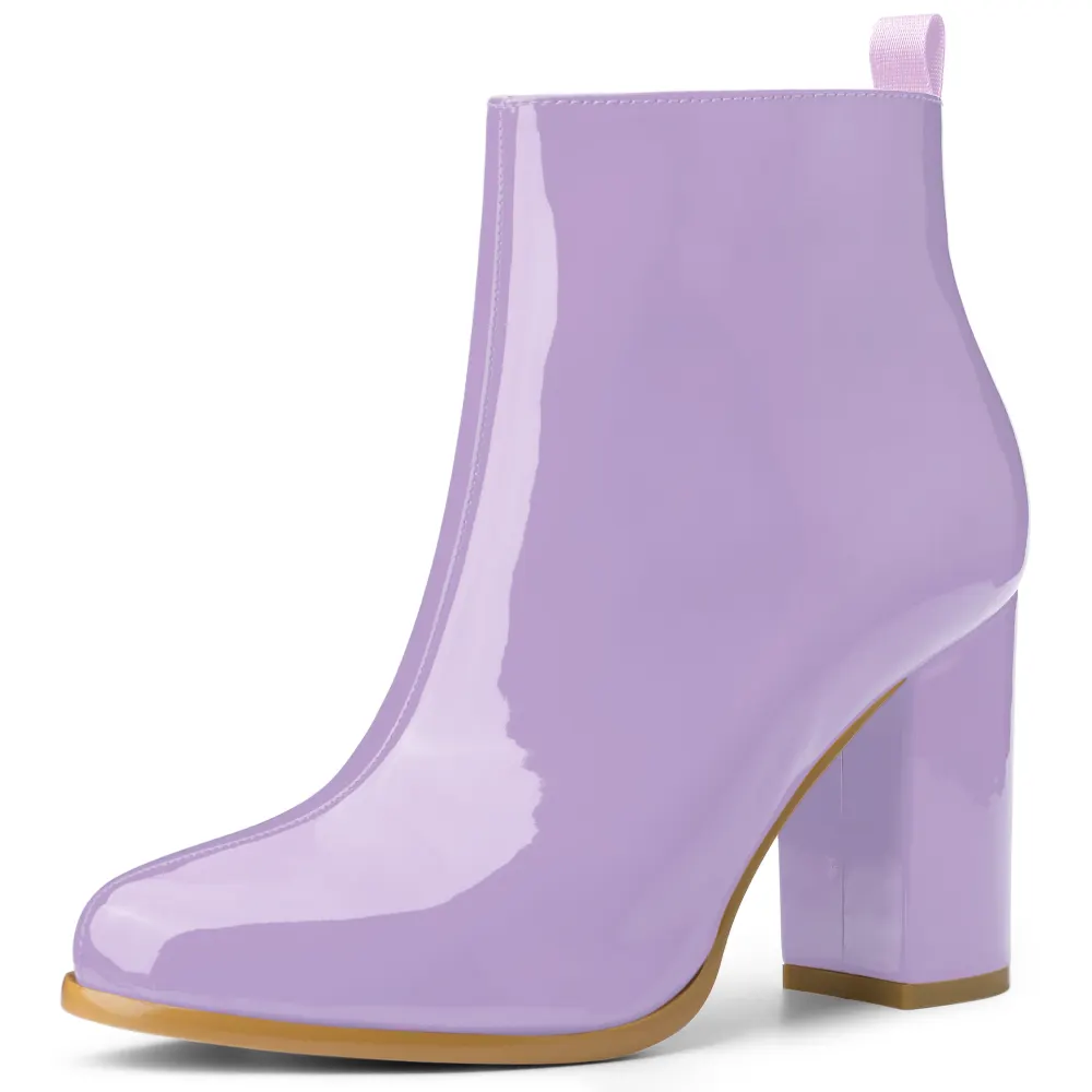 Allegra K- Round Toe High Heels Glossy Ankle Boots