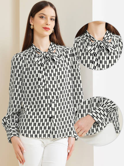 Allegra K- Print Tie Neck Lantern Long Sleeve Blouse