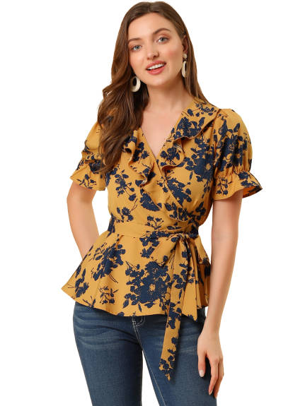 Allegra K- Floral Short Sleeve Ruffled Peplum Blouse