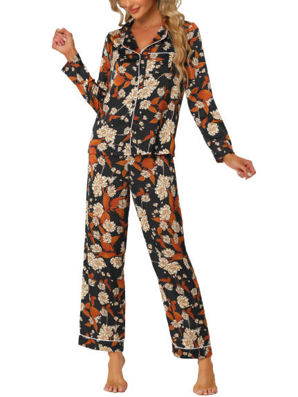 cheibear - Floral Sleep Shirt Long Pants Satin Pj Set