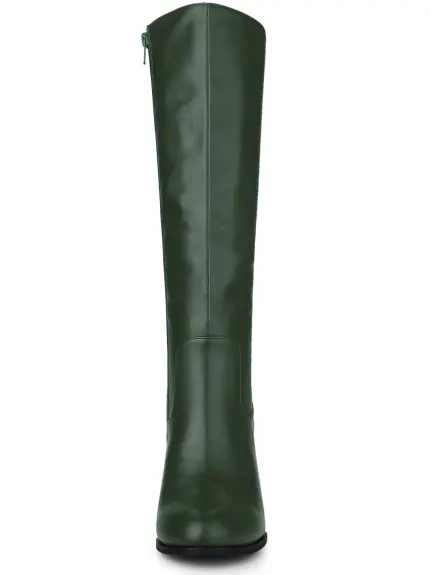 Allegra K- Round Toe Block Heel Faux Leather Knee Boots