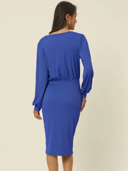 Allegra K- Ruched Side Slit Lantern Sleeve Ribbed Knit Bodycon Midi Dress