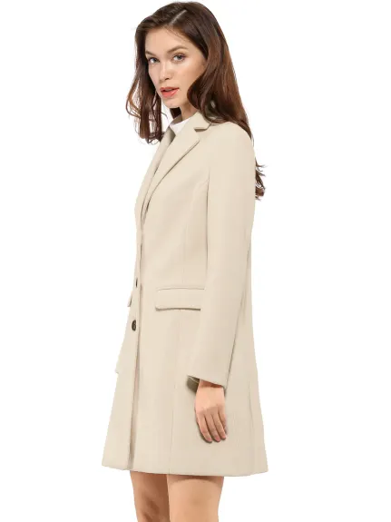 Allegra K- Notched Lapel Single Breasted Long Coat