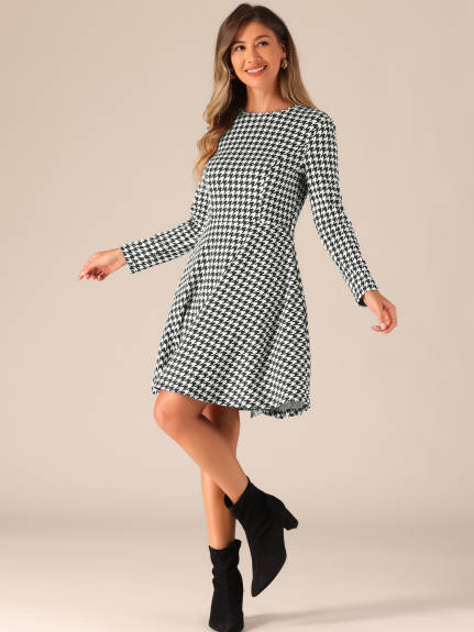 Allegra K - Houndstooth Plaid Long Sleeve A-Line Dress