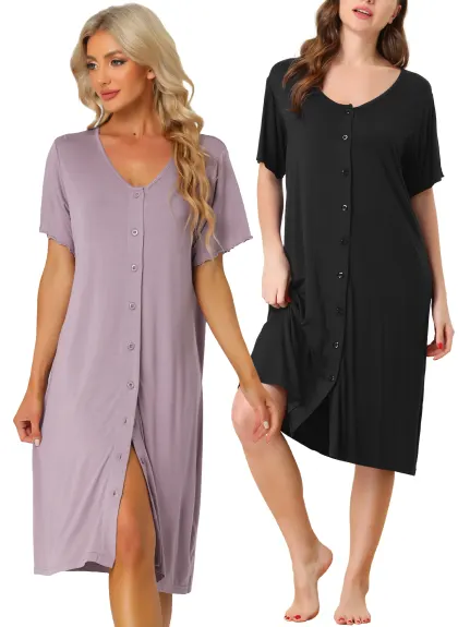 cheibear - Summer Button Down Nightgown 2-Pack, Black