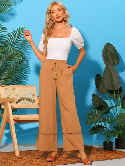 Allegra K- Pantalon Palazzo Boho à jambe large et ourlet en crochet