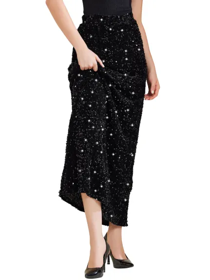 Allegra K - Elastic Waist Sequin Velvet Maxi Skirt