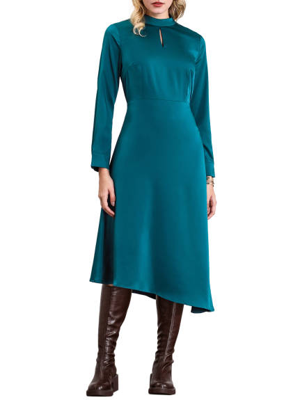 Hobemty - Solid Mock Neck Elegant Midi Dress