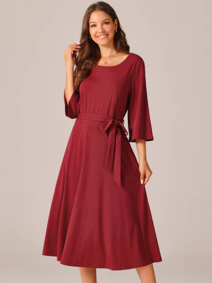 Allegra K - Elegant Crewneck Tie Waist Midi Dress