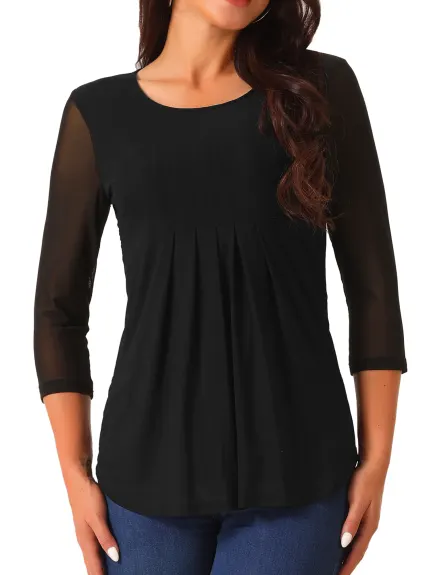 Allegra K - Crewneck 3/4 Sleeve Pleated Tunic Tops