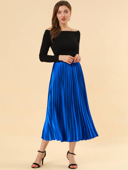 Allegra K - Shiny Midi Accordion Pleated Skirt