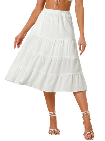 Allegra K- Elastic Waist Tiered A-Line Midi Skirt