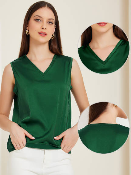 Allegra K- Casual Sleeveless V Neck Satin Blouse