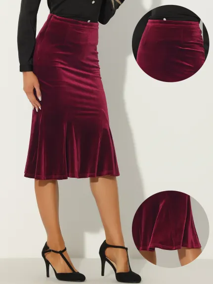 Allegra K- Elastic Waist Velvet Fishtail Bodycon Skirt