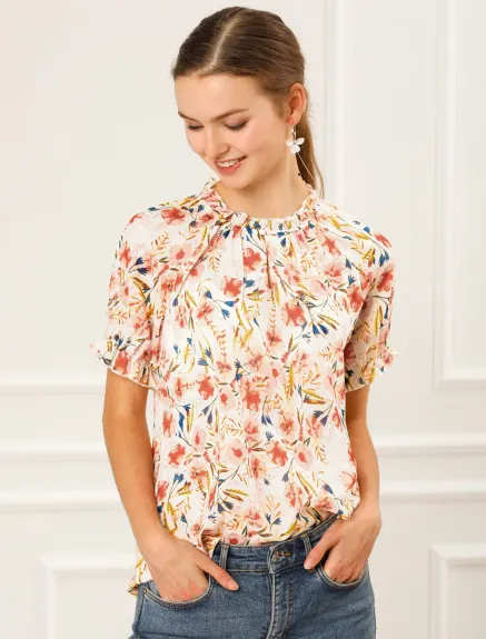 Allegra K- Floral Short Sleeve Ruffle Neck Blouse