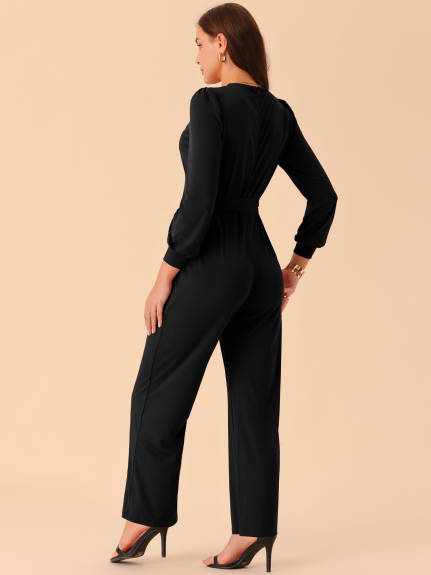 Allegra K - Long Sleeve V Neck Belted Jumpsuit