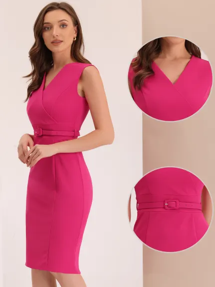 Allegra K- Sheath Sleeveless V Neck Belt Pencil Dress