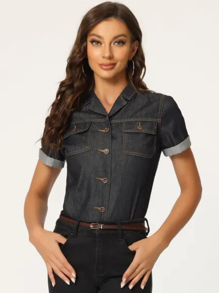 Allegra K- Button Down Notched Collar Jean Shirt