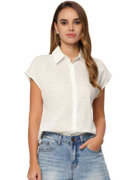 Allegra K- Linen Button Down Cap Sleeve Blouse