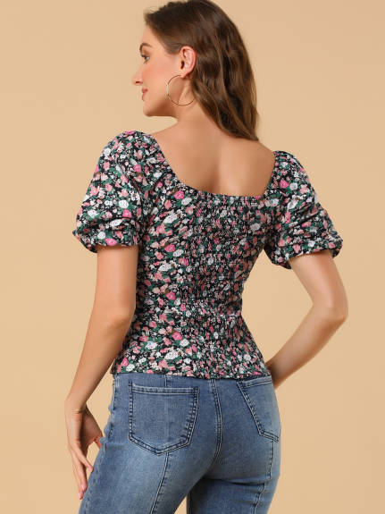 Allegra K- Puff Sleeve Sweetheart Neck Smocked Floral Top