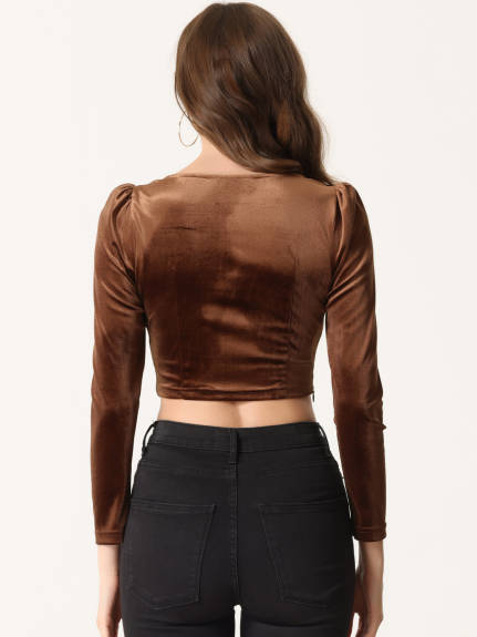 Allegra K- Velvet Square Neck Long Sleeve Crop Blouse