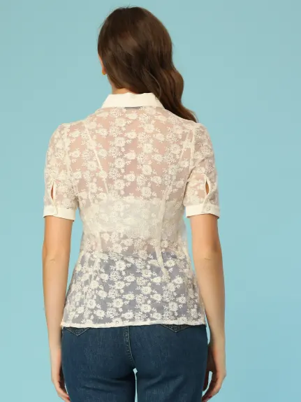 Allegra K- Floral Lace Semi Sheer Button Down Blouse