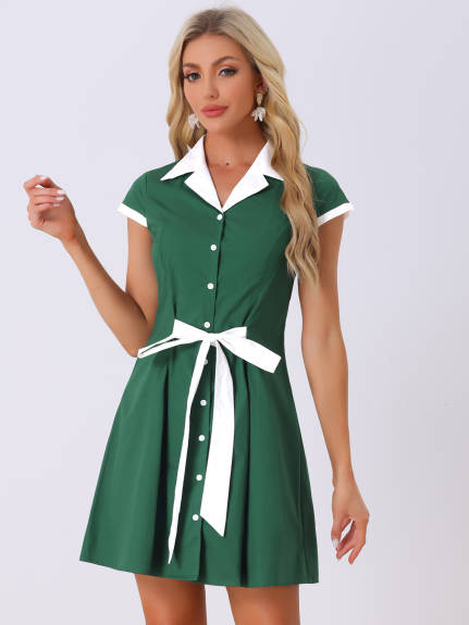 Allegra K- Button Down Flat Collar Belted Mini Shirt Dress