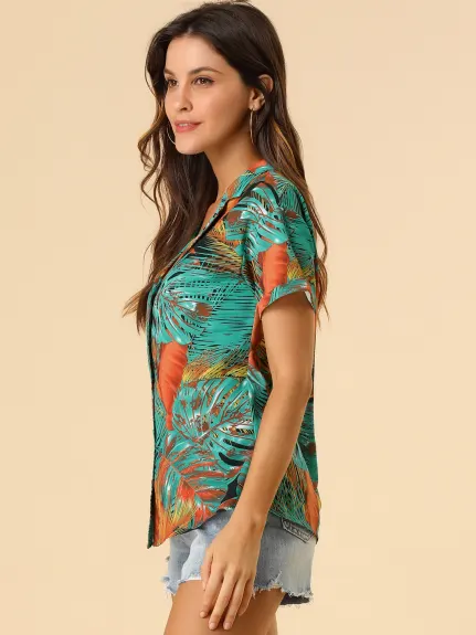 Allegra K- Beach Tropical Printed Button Down Shirt