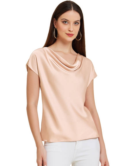 Allegra K - Cowl Neck Short Sleeve Satin Top