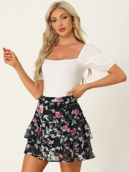 Allegra K- Layered Ruffle Elastic Waist Floral Mini Skirt