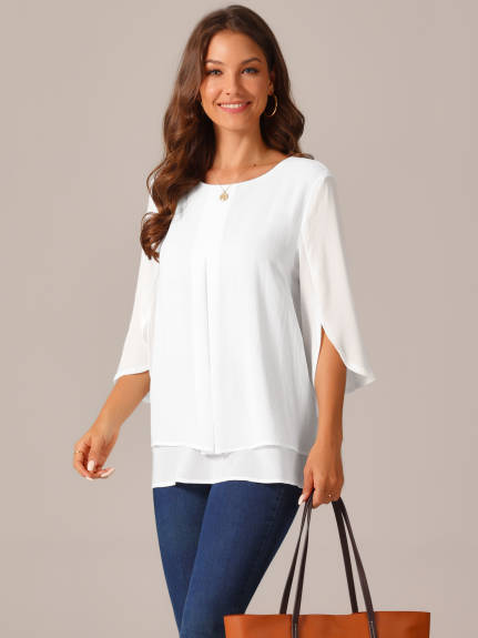 Allegra K - Casual Round Neck 3/4 Sleeve Chiffon Blouse