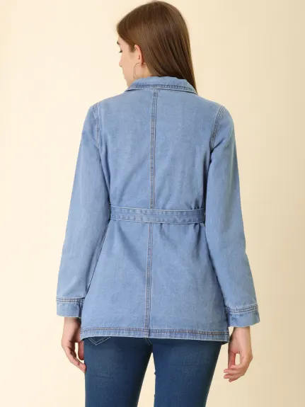 Allegra K- Veste en jean à manches raglan et ceinture à nouer à la taille