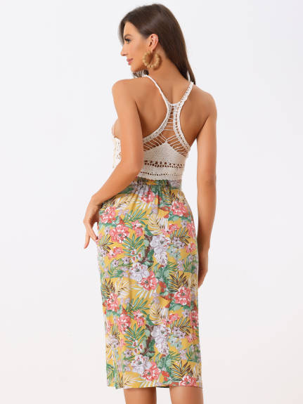 Allegra K- Flowy Ruched Front Floral Midi Skirt