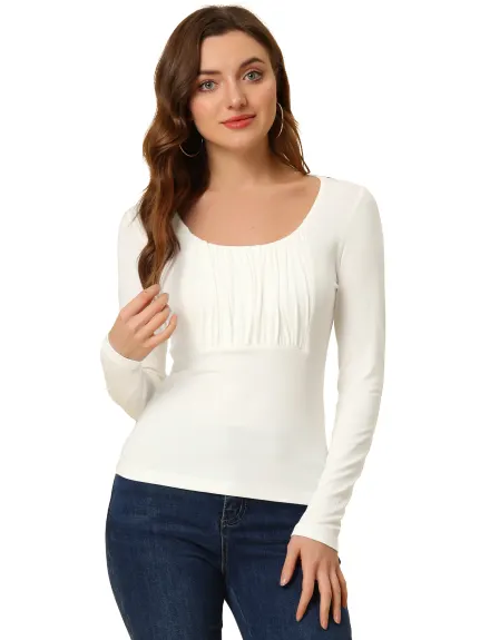 Allegra K - Scoop Neck Long Sleeves Ruched Fitted Top