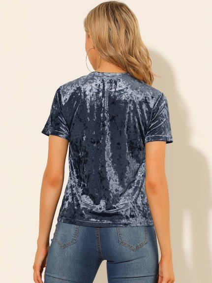 Allegra K- Velvet Top Crew Neck Short Sleeve T-Shirt