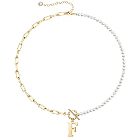 Rachel Glauber 14K Gold Plated Initial "F" Pearl Link Chain Necklace