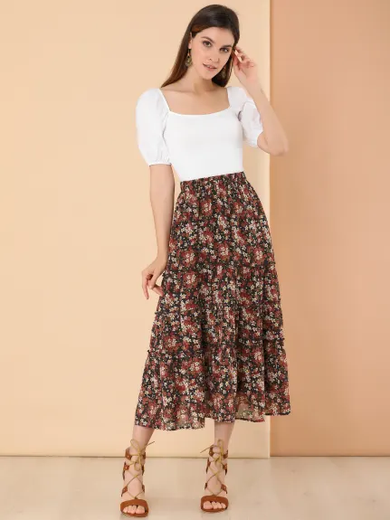 Allegra K- Floral Tiered A-Line Long Chiffon Skirt