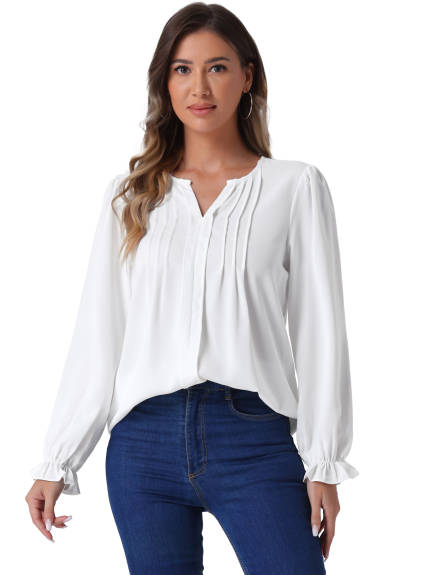 Allegra K - Split Neck Pleated Long Sleeve Blouse