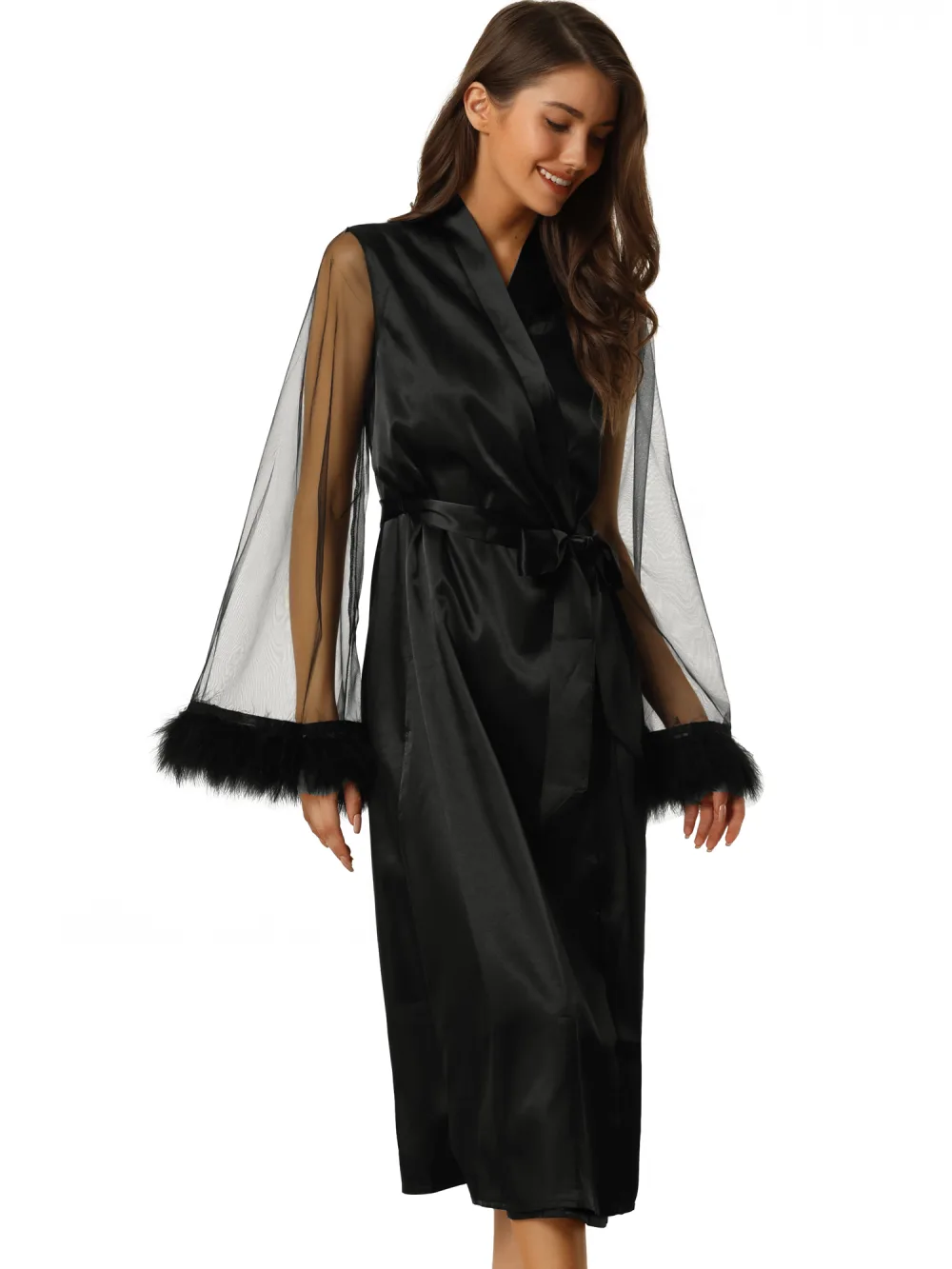 cheibear - Feather Trim Mesh Satin Bridesmaid Bathrobe