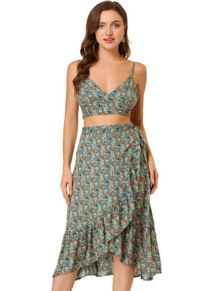 Allegra K- Strap Crop Top and Ruffle Wrap Skirt Set