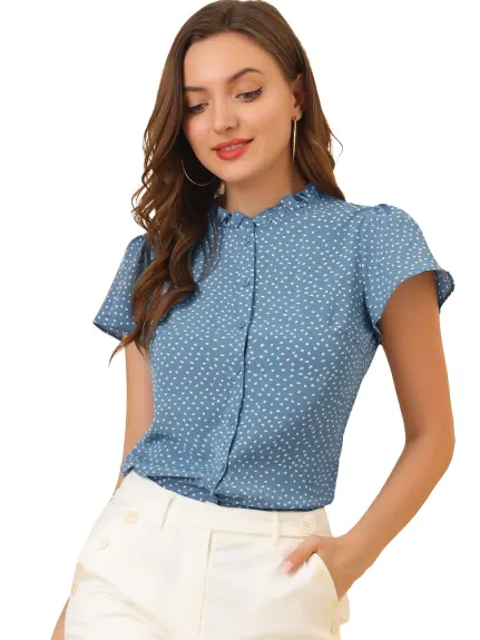 Allegra K- Ruffle Dots Retro Short Sleeve Button Down Blouse